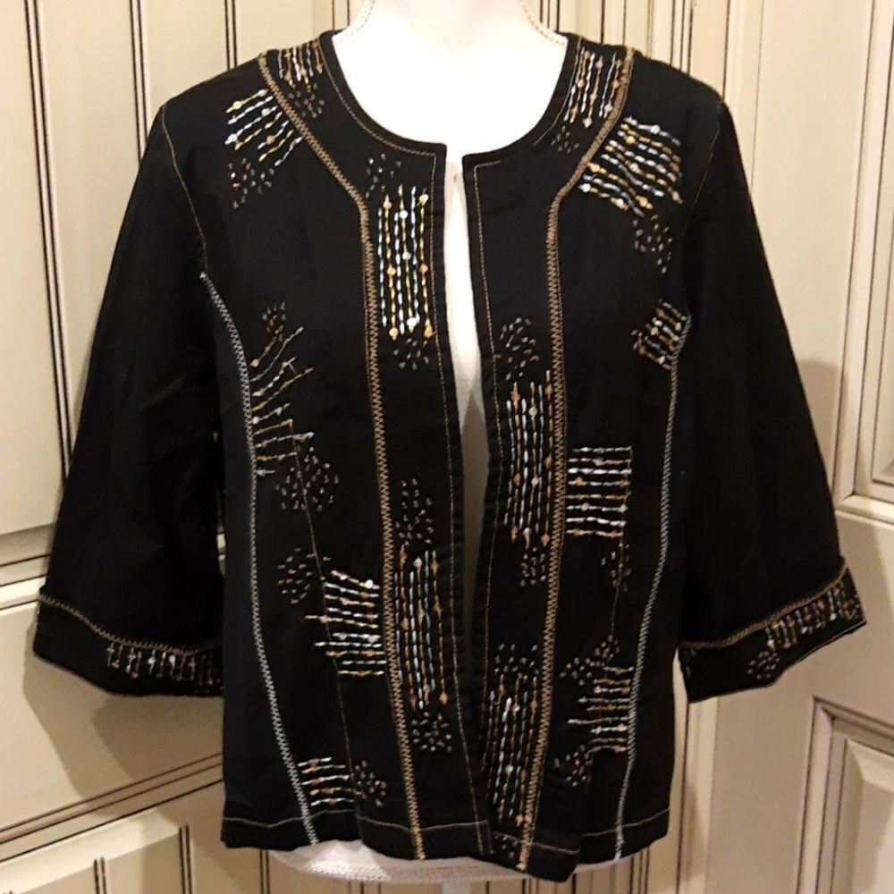 𝅺Bleu Bayou Open Cotton Blazer Medium Black Embroidered Sequin Stitch Gold